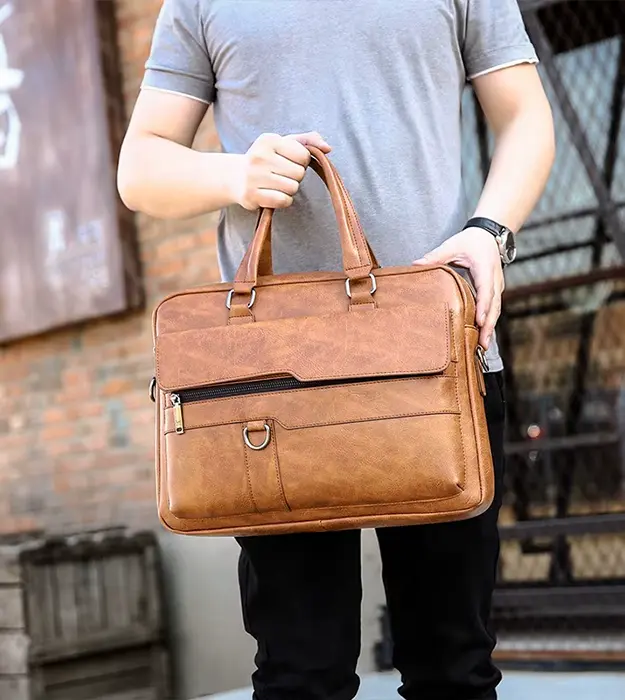 Elegantna braon muška poslovna torba Carvallo od eko Pro kože, minimalističkog dizajna sa pregradama za laptop i dokumenta.
