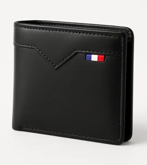 Muški crni eko kožni novčanik sa diskretnim francuskim detaljem u plavo-belo-crvenoj boji