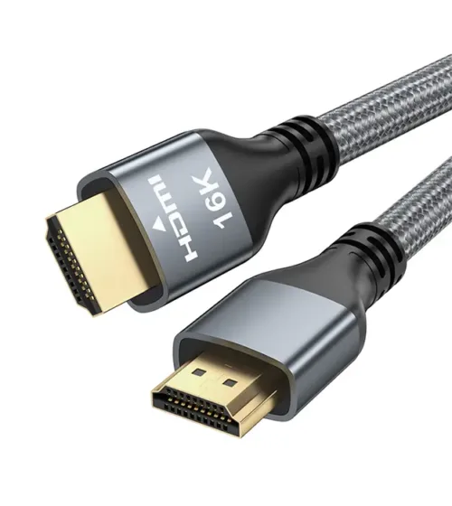 HDMI 16K Ultra HD kabl sa pozlaćenim konektorima, aluminijumskim kućištem i pletenim oklopom, prikaz kabla i detalja konektora