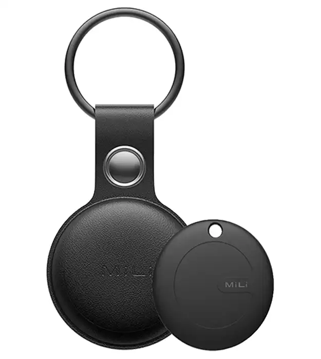 Bluetooth tracker MiTag Duo u crnoj kožnoj futroli sa prstenom za ključeve