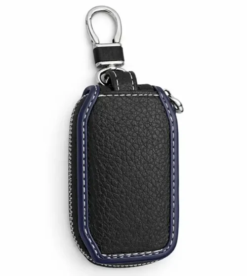 Crno-plava kožna futrola za ključeve sa metalnom karabinom i rajsferšlusom