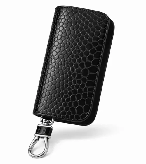 Crna kožna futrola za ključeve Hexora Noir sa reljefnom honeycomb teksturom i elegantnim kopčanjem