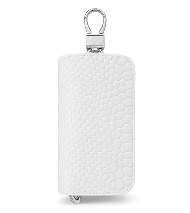 Bela kožna futrola za ključeve Hexora sa reljefnom teksturom i metalnom karabinom